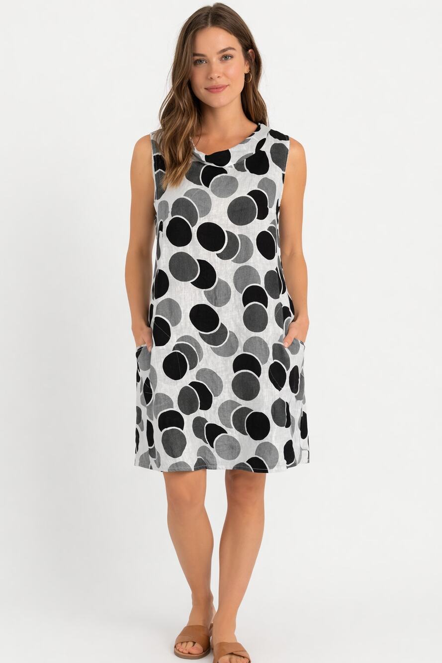 Lina Tomei Linen Shift Dress Womens Small New Black Grey Circle Sleeveless Retro